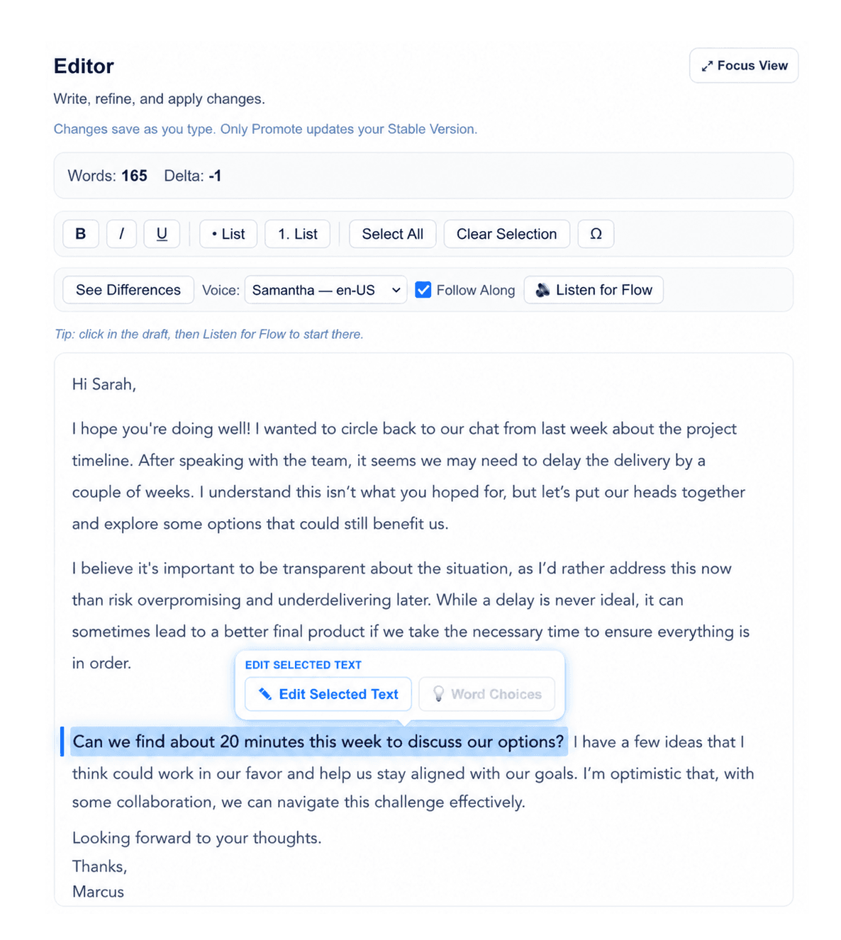 Writva editor with a sentence selected and inline options to improve, shorten, expand, or rephrase only that selection