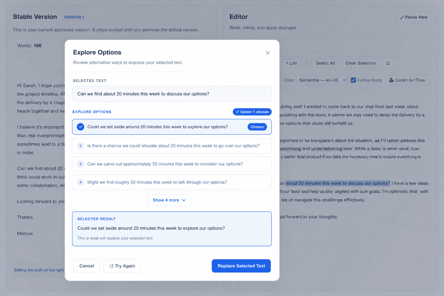 Writva Explore Options panel showing several different alternative phrasings generated for the same paragraph