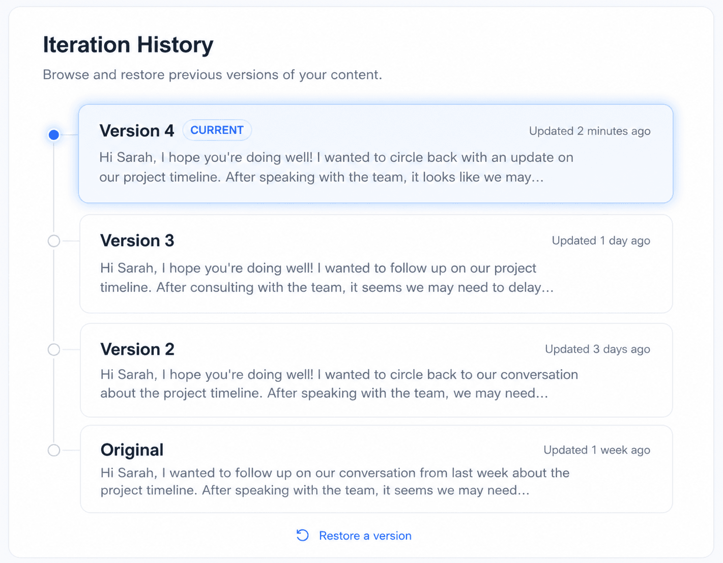 Writva iteration history panel with timestamped versions and a preview of an earlier draft